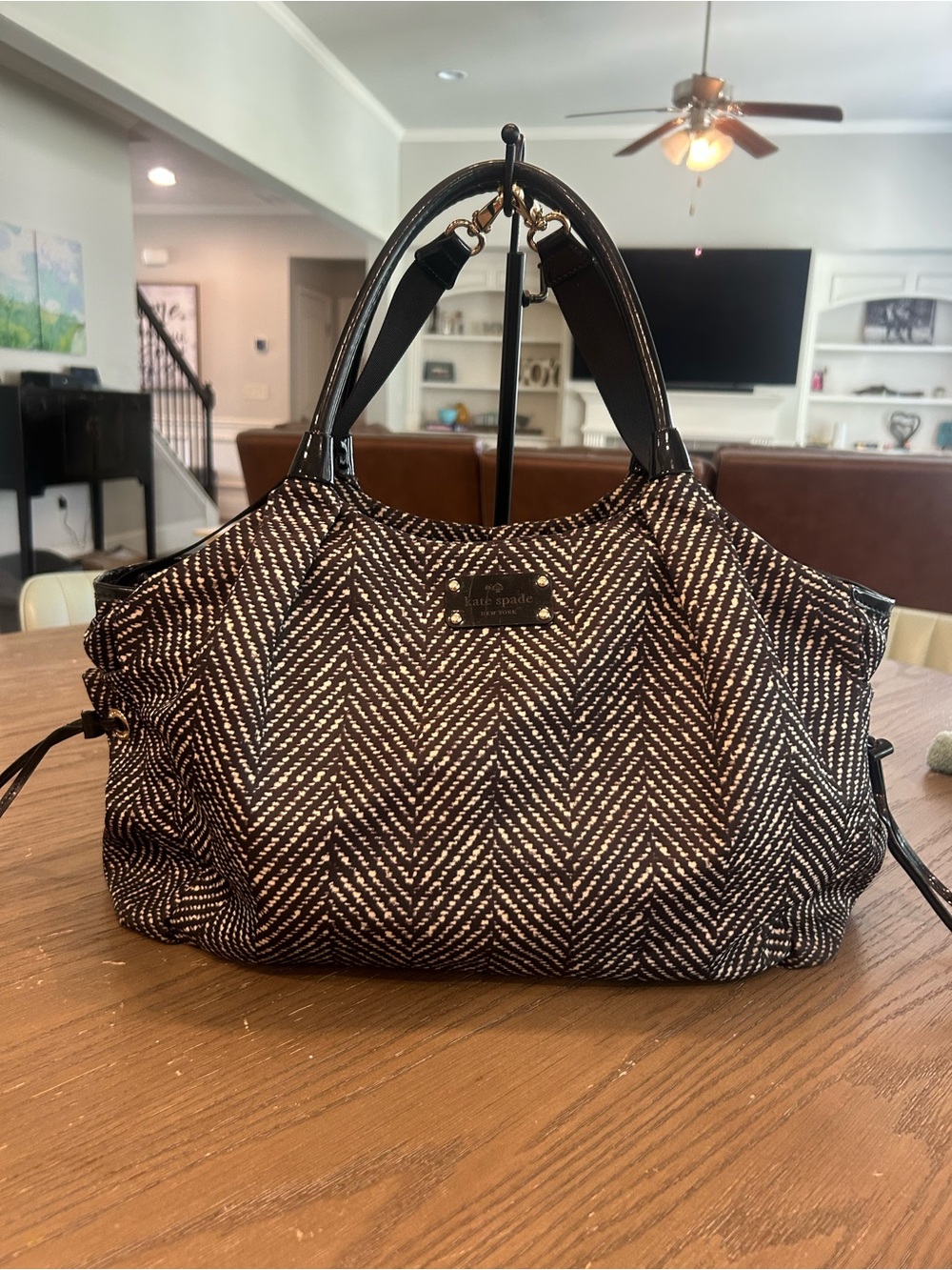 Kate Spade Stevie Baby Diaper Bag Black Cream Herringbone Chevron Tote